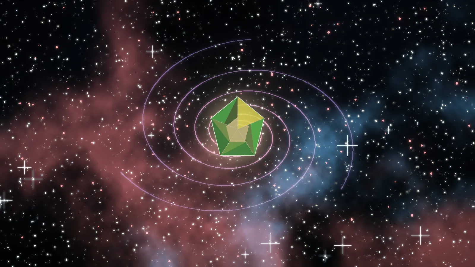 Colorful space art with a glowing green Moldavite gem for the Alternative Theory page