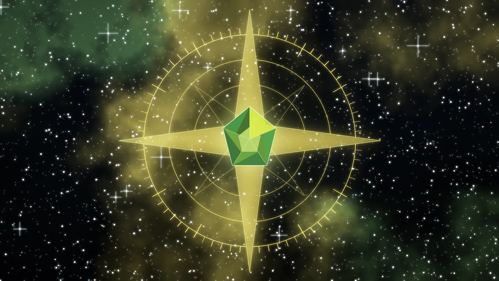 Colorful space art with a glowing green Moldavite gem for the Buying Guide page