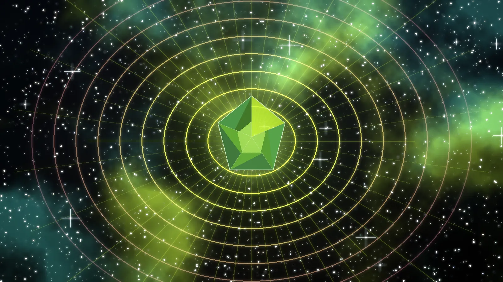 Colorful space art with a glowing green Moldavite gem for the Energetic Properties page