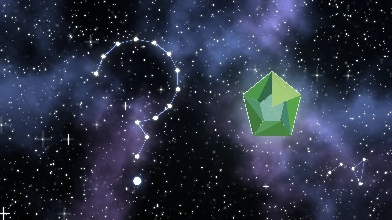 Colorful space art with a glowing green Moldavite gem for the FAQ page