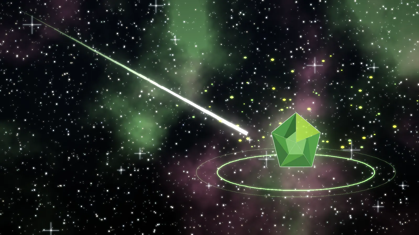 Colorful space art with a glowing green Moldavite gem for the History page
