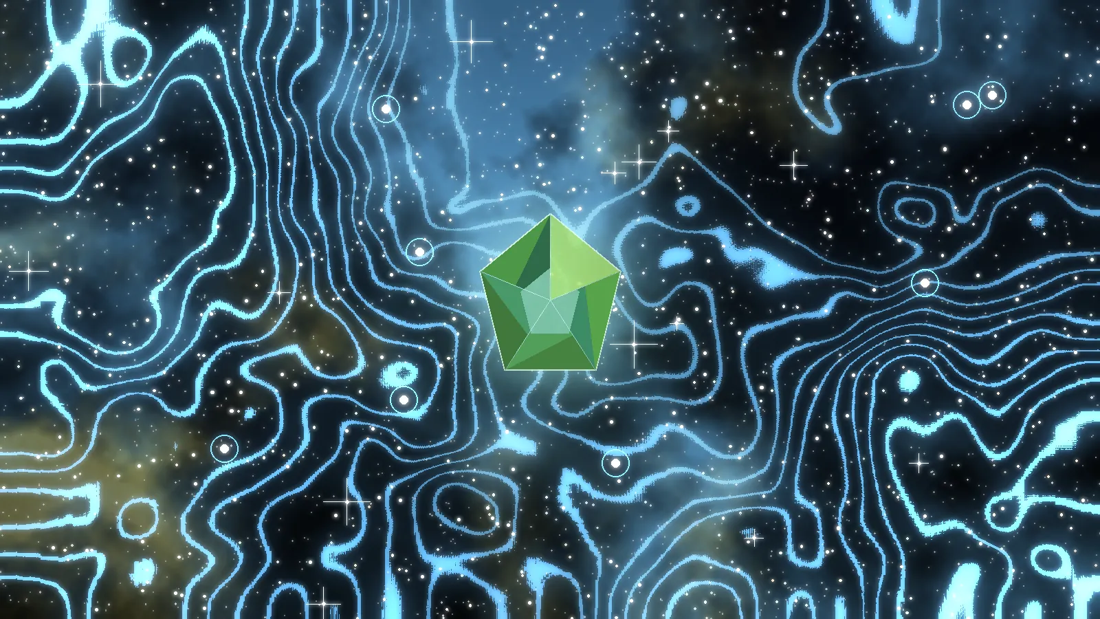 Colorful space art with a glowing green Moldavite gem for the Localities page
