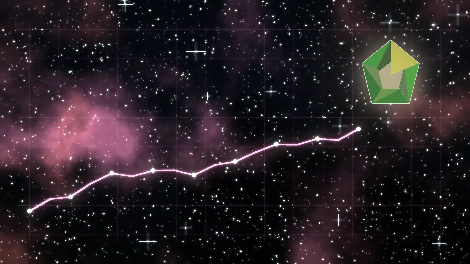 Colorful space art with a glowing green Moldavite gem for the Price page