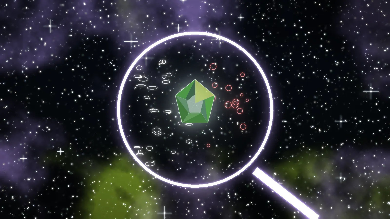 Colorful space art with a glowing green Moldavite gem for the Real vs Fake page