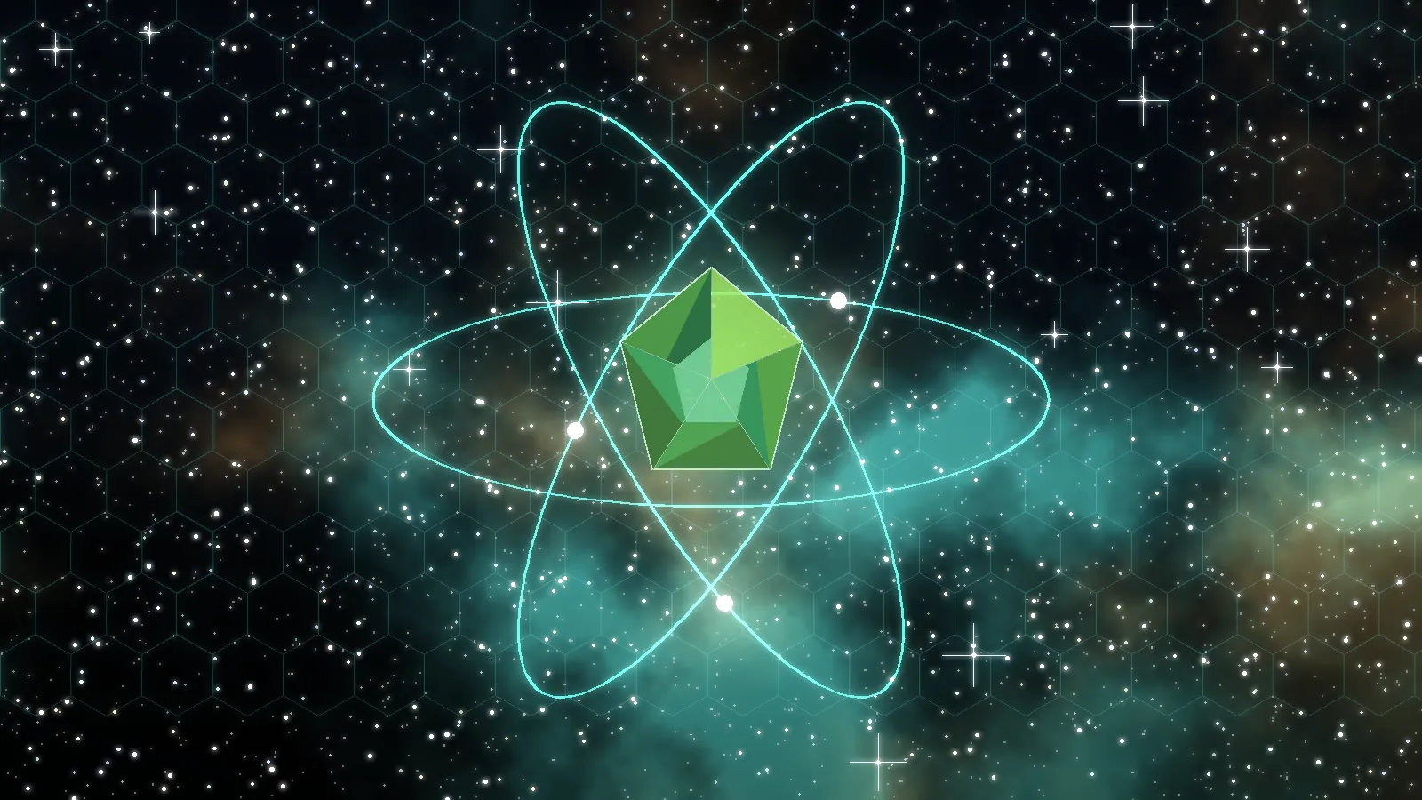 Colorful space art with a glowing green Moldavite gem for the Hard Science page
